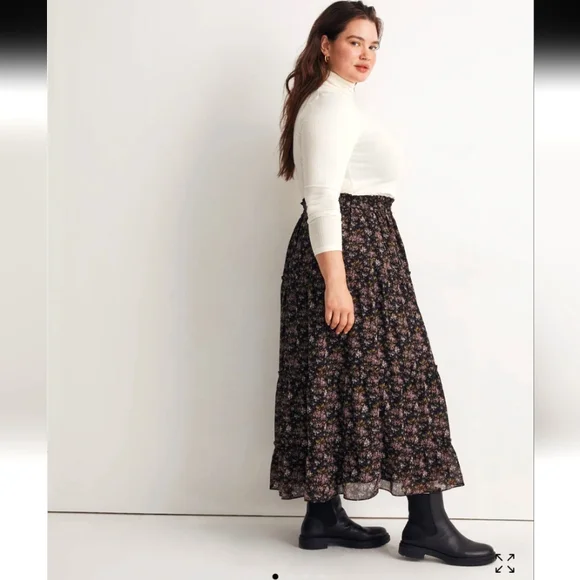 Madewell Georgette Crinkle Black Maxi Skirt Size 2X Blurred Blooms Plus - Picture 2 of 8